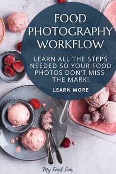 two bowls filled with ice cream and raspberries on top of a white table