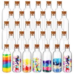 the bottles are filled with different types of beads