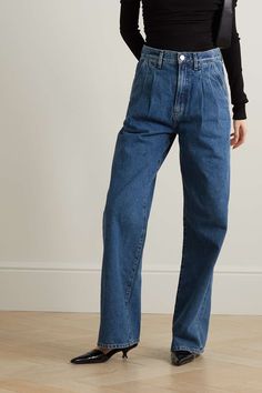 Mid denim The Edgar pleated high-rise wide-leg jeans | GOLDSIGN | NET-A-PORTER Edgar Jeans, Pleated Jeans, High Rise Wide Leg Jeans, Tailored Pants, Net A Porter, Wide Leg Jeans, Women Collection, Aesthetic Clothes, Leg Jeans