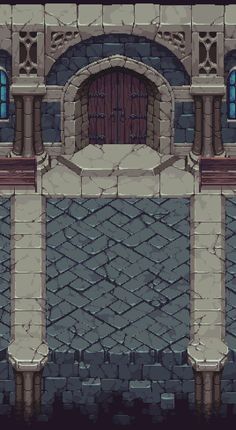 the entrance to an old castle with stone walls and pillars, in pixel art style