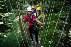 three people are zipping through the trees on a rope bridge in the woods with ropes