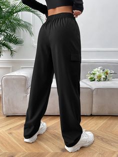 Our Flap Pocket Polyester Cargo Pants are perfect for the ruggedly casual look you're aiming for. These comfy pants are made with lightweight polyester and have an elastic waistband for easy-on-the-go wear. With all the convenient pockets, you can go anywhere - without having to lug around a big bag. So why wait? Get your cargo pants today. Specifications: Style: Casual Pattern Type: Plain Type: Cargo Pants Closure Type: Elastic Waist Details: Pocket Waist Line: High Waist Length: Long Fit Type: Black Straight Leg Sweatpants With Pockets, Wide Leg Pants With Elastic Waistband For Outdoor, Ankle-length Bottoms With Pockets For Outdoor Activities, Ankle-length Pants With Pockets For Outdoor Activities, Black Sweatpants With Pockets, Black Wide Leg Joggers With Side Pockets, Solid Straight Leg Joggers With Pockets, Solid Color Straight Leg Joggers With Pockets, Black Full-length Joggers With Pockets