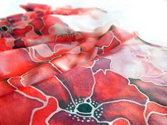 Red Poppies silk scarf is a handpainted silk scarves decorated with vivid red poppies on a white or black background. Size: approx. 49 x 11 in (~128 x 28 cm) Silk: natura Habotai Light (very soft, delicate, semi transparent and a bit glossy) The red poppy scarf is made to order in 3 days. The Poppies scarves was inspired by last years pictures I took on the mountainside during summertime. I wanted to paint it for some time now, but only recently I found perfect silk paint for it, from Pebeo bran Red Floral Print Silk Scarf As Gift, Red Floral Print Silk Scarf As A Gift, Artistic Hand Painted Red Silk Scarf, Red Silk Scarf, Handpainted Silk Scarves, Silk Headscarf, Lace Gloves, Botanical Painting, Red Poppy