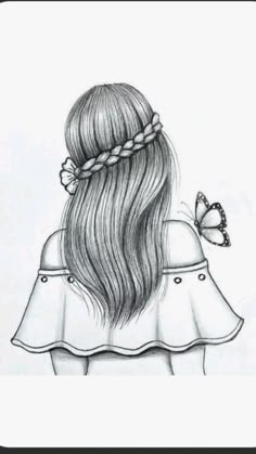 a drawing of a girl with long hair and a butterfly on her shoulder, looking at the