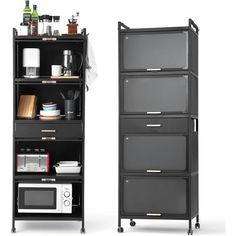 two black shelves with different types of appliances on top of each shelf, one is open and the other is closed