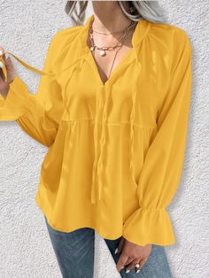 Women's Lace up V-neck Ruffle Long Sleeved Casual Shirt Blouse Fall V-neck Top With Ruffle Hem, Casual Billowy V-neck Tops, Fall V-neck Ruffled Tops, Spring V-neck Blouse With Ruffle Hem, Billowy V-neck Top With Ruffles, Billowy V-neck Tops For Fall, V-neck Solid Color Tops For Brunch, Casual Ruffled Split Neck Blouse, Spring V-neck Top With Ruffle Hem