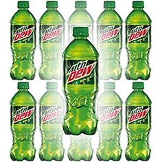 seven mountain dew mountain dew water bottles are shown in this image with the same color as each bottle