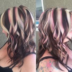 Black Hair With Pink And Blonde Highlights, Split Dye Highlights, Mermaid Hair Dye, Tri Color Chunky Highlights, Pink And Blonde Skunk Hair, Chunky Streaks Hair, Black Pink And Blonde Hair, Colored Chunky Highlights, Neapolitan Hair Color