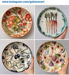 four plates with different designs on them and one has carrots, onions, tomatoes, and other vegetables