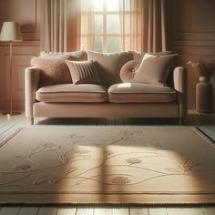 a living room scene with focus on the couch and rug in front of the window