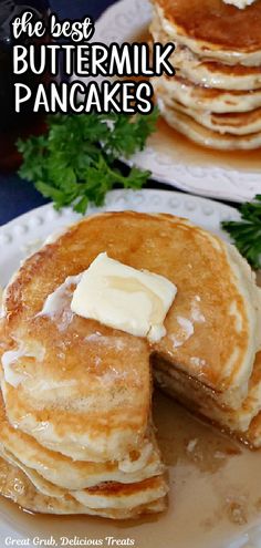 An overhead photo of a stack of pancakes topped with butter and covered in maple syrup. Best Buttermilk Pancakes, Buttermilk Pancake Recipe, Homemade Buttermilk Pancakes, Buttermilk Pancake, Buttermilk Pancakes Fluffy, Homemade Pancake Recipe, Best Pancake Recipe, Pancake Recipe Buttermilk, Pancakes From Scratch