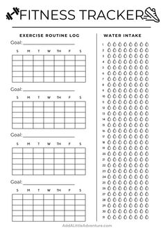 Health and fitness tracker printable with sections for weekly workouts and water intake. Perfect for a fitness planner or training journal. Free Exercise Printables, Treadmill Tracker, Walking Tracker Printable Free, Work Out Tracker Free Printable, Health Journal Ideas, Daily Weight Tracker, Homework Tracker Printable Free, Exercise Tracker Printable Free, Health Planner Free