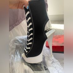 6 Inch Heel, Brand New, Black And White, Converse Style. Shoes For Dancing, Pole White Converse Style, Shoes For Dancing, Converse Heels, Dancing Pole, Black And White Converse, Pleaser Heels, 6 Inch Heels, Dance Heels, Black Patent Leather Pumps