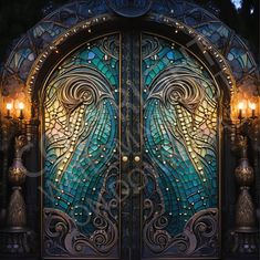 an intricately designed metal door with two lit candles in front of the entrance to a building