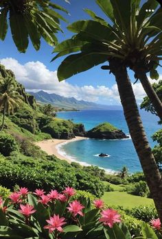 the beach is surrounded by lush green trees and pink flowers on the side of the water