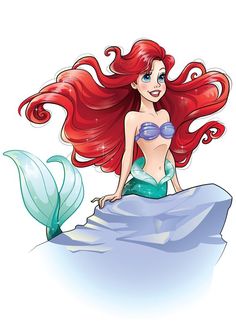 the little mermaid is sitting on top of a rock with her long red hair blowing in the wind