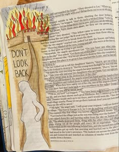 an open bible with the words don't look back on it and a drawing of a woman