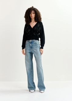 Blue eyelet-embellished jeans | Essentiel Antwerp United States Casual Straight-leg Embellished Pants, Chic Embellished Denim Jeans, Casual Straight Leg Embellished Jeans, Casual Embellished Straight Leg Jeans, Casual Embellished Jeans For Fall, Embellished Jeans, V Neck Cardigan, Denim Design, Sweater And Shorts