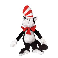 the cat in the hat stuffed animal is wearing a red bow tie