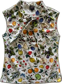 Fitted Fruit Print Summer Tops, Printed Sleeveless Tops For Fall, Fitted Fruit Print Tops For Spring, Fitted Summer Tops With Retro Print, Cotton Tops With Fruit Print For Spring, Cotton Fruit Print Tops For Spring, Spring Cotton Tops With Fruit Print, Vintage Fruit Print Top For Summer, Vintage Summer Top With Fruit Print