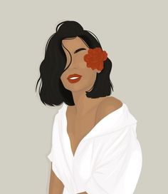 a woman with a flower in her hair wearing a white shirt and holding a red rose