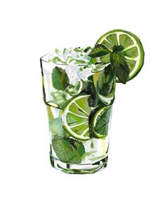 a glass filled with ice and lime slices