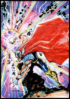 a drawing of the hero that is in action with his cape open and lightning coming out