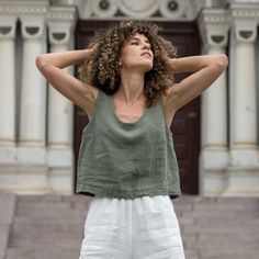 Linen Crop Top Ana Stone Green❤️ menique Crop Top Blanc, Linen Crop Top, Linen Crops, Cropped Tops, Summer Tank Tops, Linen Blouse, Top Summer, Sleeveless Crop Top, Top For Women