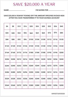 a printable savings sheet with the words save $ 20, 000 a year