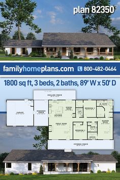 two story house plan with 3 beds, 2 baths, 8'x 50 '