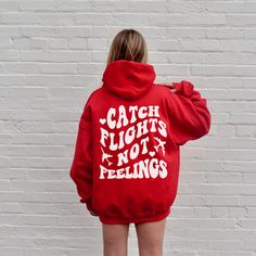 Funny catch flights not feelings hoodie. Perfect hoodie for the friend group going on a trip together and girl's trips. Great for galantines and Anti-Valentine's day parties. So soft and comfortable, it will keep you warm. We now use a process to print our shirts that will allow the design to last longer if properly cared for, over 35 washes.In order to provide quick turnaround, we source from four different top clothing brands. If you are needing a specific brand, check with us before ordering Wear Red Day, Valentines Day Hoodie, Catch Flights Not Feelings, Top Clothing Brands, Mile High Club, Girls Trips, Catch Flights, Anti Valentines, Blue Words