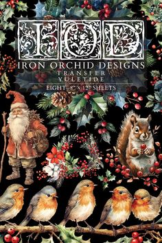 the front cover of an iron - on christmas card with birds and holly wreaths