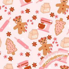 a pink background with teddy bears and flowers