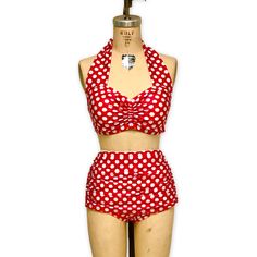 Go ahead and make a splash in the Helen bikini, a cute 1950s custom made vintage style bathing suit. The Helen bikini top has a pinched front with halter straps that tie behind the neck. It is totally lined and comes with removable beefy bra cups. The Helen briefs are high waisted and fully lined. The side has ruching for a nice flattering effect. The briefs are basic and simple with a classic low leg cut but have an extra front panel that is gathered at the sides to give the briefs a very perio 80s Swimsuit Bikinis, 1960s Swimwear, 50s Bathing Suit, 1950s Bathing Suits, 50s Swimsuit, 1950s Swimsuit, Slytherin Fashion, Retro Swim, Boho Coquette