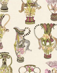 an image of vases with flowers and birds in them on a wallpaper background