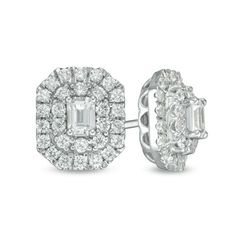 Whether dressed up or down, these fashion stud earrings are a beautiful choice. Crafted in 14K white gold, this sophisticated design features a 1/5 ct. certified emerald-cut lab-created diamond - sparkling with a color rank of F and clarity SI2 - wrapped in an octagonal double frame of created diamonds. Captivating with 1 ct. t.w. of created diamonds and a brilliant buffed luster, these post earrings secure comfortably with friction backs. This style arrives with a certificate that includes a ph Double Frame, Diamond Stud Earrings, Pear Shaped Diamond, Blue Zircon, Diamond Stud, Sophisticated Design, Fashion Mode, Moissanite Diamonds, Lab Created Diamonds