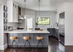 two stools are in front of the kitchen island