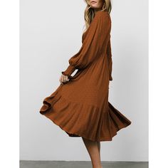 Brown Polka Dot Pleated V Neck Long Sleeve Dress Polka Dot Swiss Dot Midi Dress, Casual Brown V-neck Dress, Fall Brown Boho V-neck Dress, Brown V-neck Midi Dress, Brown Pleated V-neck Dress, Fall V-neck Polka Dot Midi Dress, Brown V-neck Solid Color Maxi Dress, Fall Polka Dot V-neck Midi Dress, V Neck Long Sleeve Dress