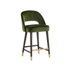 a green velvet bar stool with gold legs and an upholstered back rest on a white background