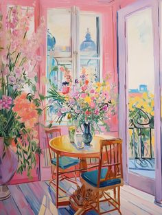 a painting of flowers in a vase on a table next to a window with open shutters