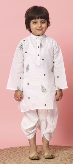 White and Off White color Boys Dhoti Kurta in Cotton fabric with Embroidered, Resham, Thread work White Sets With Traditional Drape For Transitional Seasons, White Embroidered Straight Kurta Set, White Traditional Wear With Printed Motifs For Navratri, Unstitched White Kurta With Printed Motifs, White Cotton Kurta With Zari Work, White Salwar Kameez With Printed Motifs For Navratri, White Straight Kurta Set For Festivals, Transitional White Kurta With Printed Motifs, Festive White Salwar Kameez With Printed Motifs