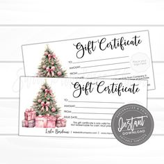 two gift certificates with a christmas tree and presents on the front one is pink