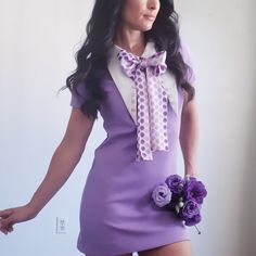 Vintage 1960s Lilac Mod Go Go Mini Dress Lavender Lilac Purple Is A Very Rare Color For The 40s Through 60s, So This Dress Is An Extra Special Piece To Add To Your Vintage Collection...Its Not Only A One Of A Kind By Its Era And Style But Hits A Home Run With Such A Unique Color Pallete And Feminine Purple Ombre Polka Dot 1960s Lilac/Lavender Purple Mod Mini Dress With Gorgeous Purple Polkadot Neck Bowtie And Exaggerated Collar Lined With Buttons. Fabric: Polyester Brand: Union Made Tag Only Fou 70s Fashion Purple, Retro Purple Mini Dress, Mod Style 60's, Purple 70s Dress, Multicolor Mod Mini Dress, 60s Mod Dress Purple, Purple Clothes, Twiggy Dress, Exaggerated Collar