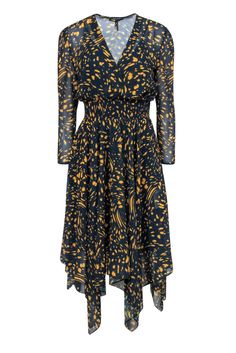 Current Boutique-Maje - Navy & Yellow Spotted Print Long Sleeve Midi Dress Sz L Fall Knee-length Dress With Smocked Bodice, Fall Ruched Dress For Casual Wear, Casual Fall Midi Dress With Smocked Back, Chic Fall Dress With Smocked Back, Fall Leopard Print Midi Dress, Chic Smocked Bodice Midi Dress For Fall, Chic Midi Dress With Smocked Bodice For Fall, Spring Leopard Print Daywear Dresses, Fall Daywear Dress With Gathered Waist