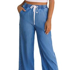 Women's Sky Blue Wide Leg Drawstring Waist Loose Pants Size 10 Nwt! The Wide-Leg Pants Are Designed With A Loose And Flowy Fit And Are Comfortable To Wear. The Drawstring Waist Allows You To Adjust The Fit To Your Liking. Great To Pair With T-Shirts, Tops, Blouses, Shirts, And Tank Tops. Made From Lightweight And Breathable Fabric And Perfect For Warmer Weather. Material: 65% Lyocell, 35% Cotton Occasion: Casual, Vacation, Daily Wear, Summer, Spring High Waist Blue Jeans With Pull-on Style, Non-stretch Medium Wash Trousers, Denim Blue Wide Leg Bottoms For Summer, Wide Leg Denim Blue Bottoms For Summer, Blue Mid-rise Jeans With Elastic Waistband, Summer Medium Wash Trousers, High Rise Pull-on Style Bottoms For Summer, Spring Denim Bottoms Long Pants, Summer Mid-rise Wide Leg Pants With Loosely Fitted Hips