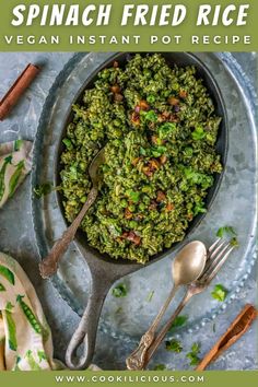 spinach fried rice in a bowl with spoons and spices on the side text overlay says spinach fried rice vegan instant pot recipe