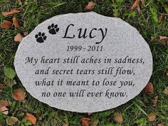 a memorial stone with a dog's paw on it and the words lucy written in cursive writing