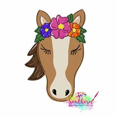 a horse with flowers on its head and the words southern written in it's forehead