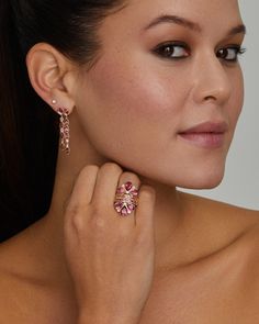 18K Yellow Gold Asymmetrical Pear Shape Earring with Pink Tourmaline and Diamonds, .14 TCW1 1/2 Inch Long x 1/4 Inch Wide Style# YEAPLPTW Asymmetrical Earrings, Floral Studs, Bracelet Collection, Green Tourmaline, Pink Tourmaline, Pear Shape, Ring Necklace, Pear Shaped, Ring Earrings