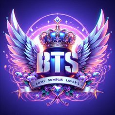 the bt's logo with wings and jewels around it on a purple background,